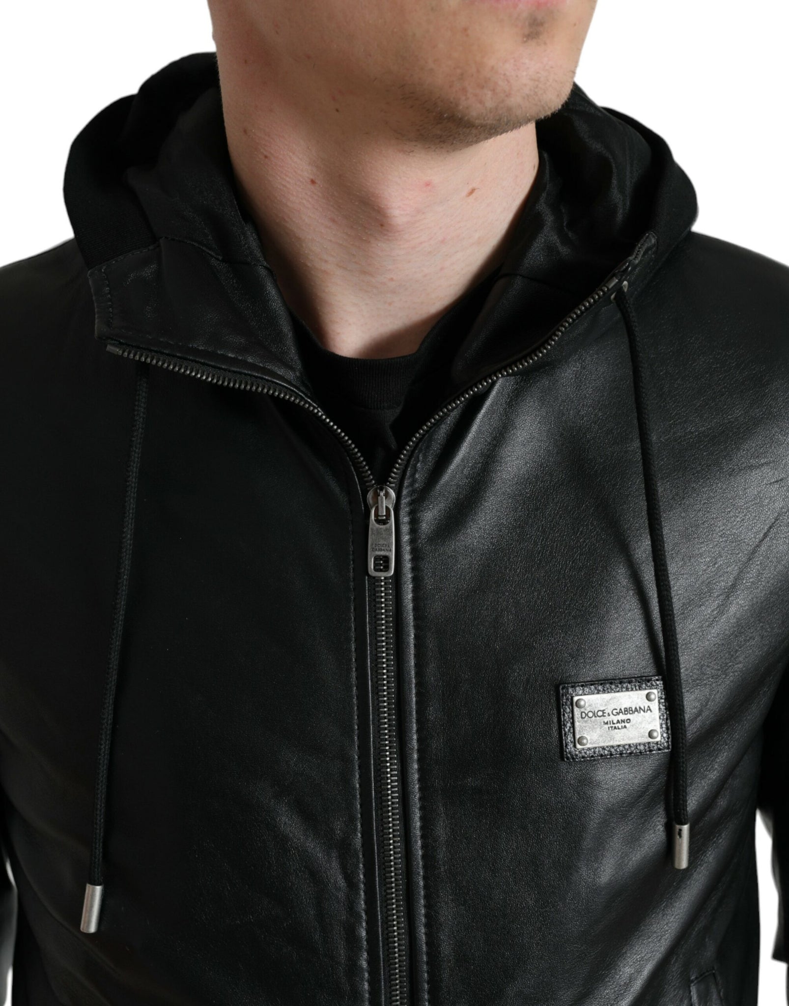 Dolce & Gabbana Elegant Black Leather Hooded Zip Jacket