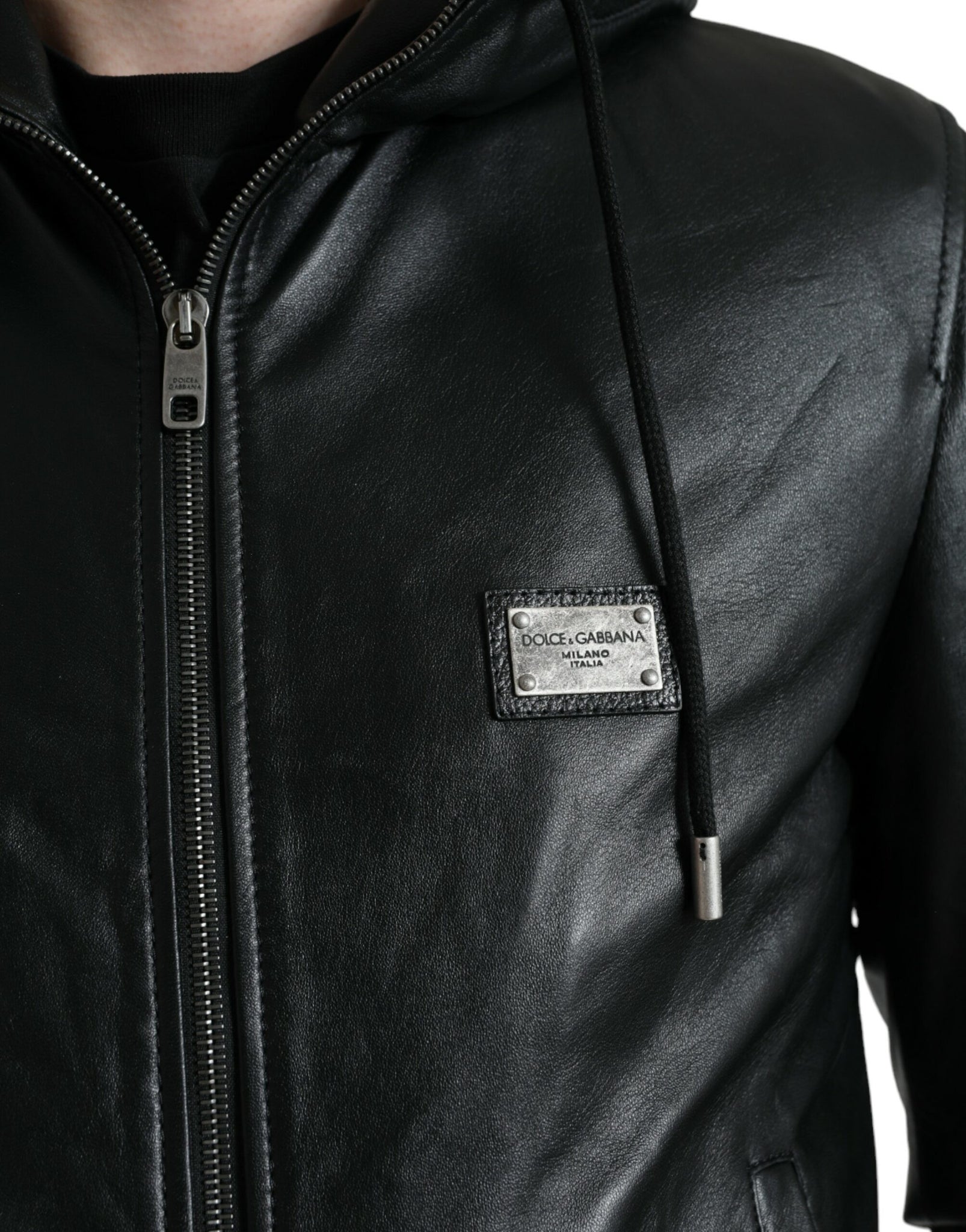 Dolce & Gabbana Elegant Black Leather Hooded Zip Jacket