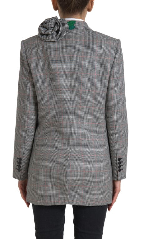 Dolce & Gabbana Gray Plaid Rose Applique Coat Blazer Jacket