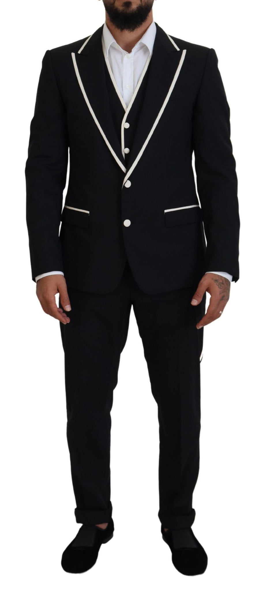 Black Wool White Silk Slim Fit Suit