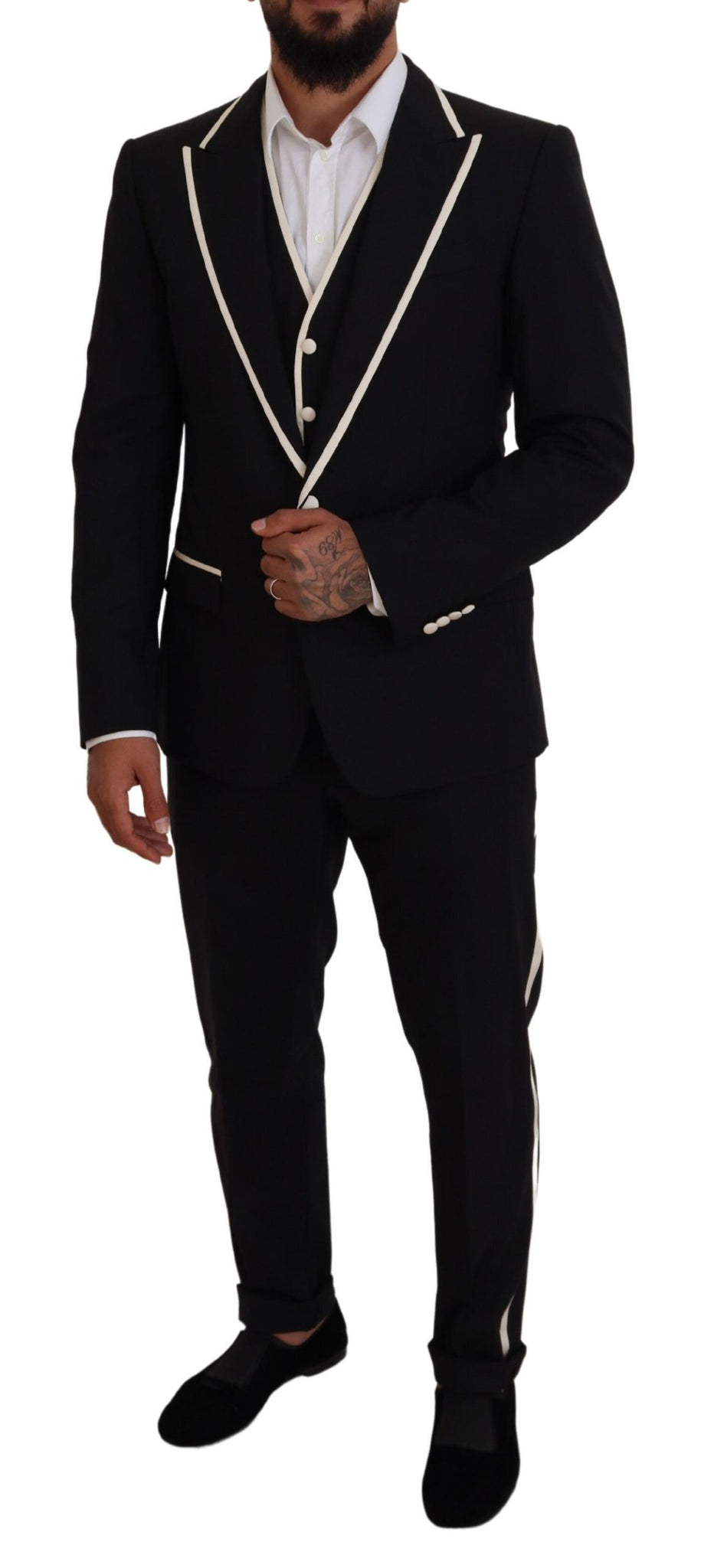 Black Wool White Silk Slim Fit Suit