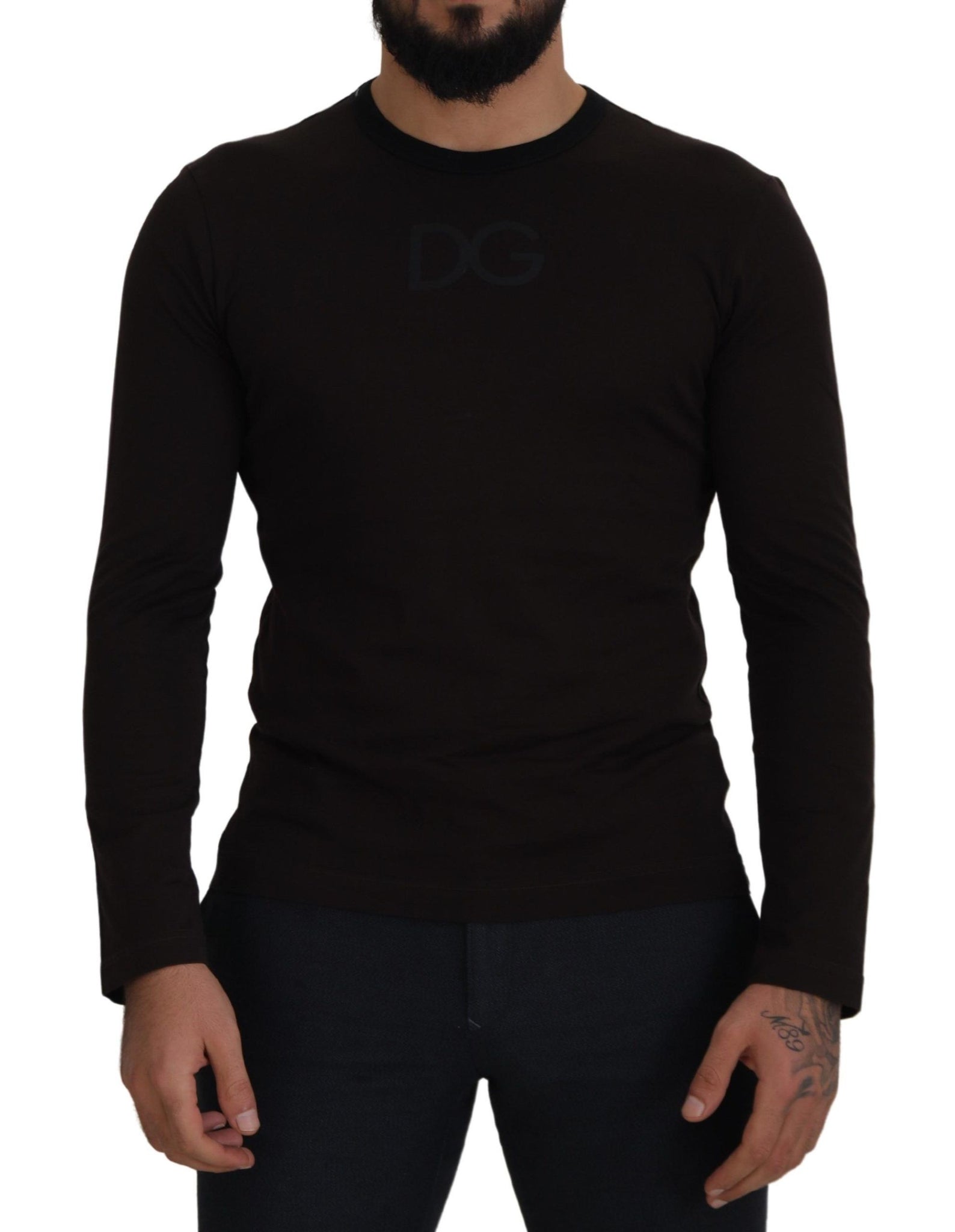 Brown Cotton Slim Crewneck Pullover Sweater
