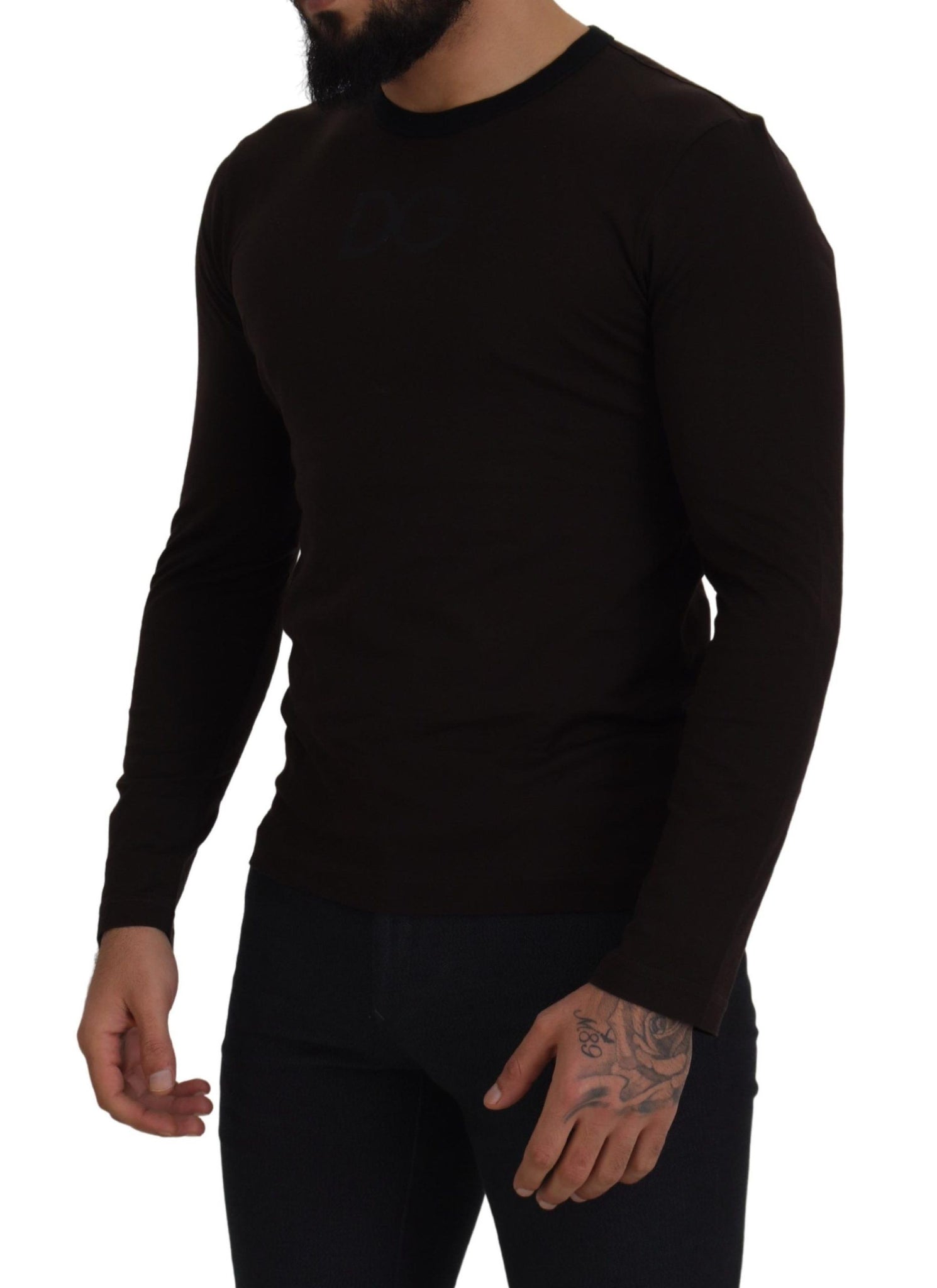 Brown Cotton Slim Crewneck Pullover Sweater
