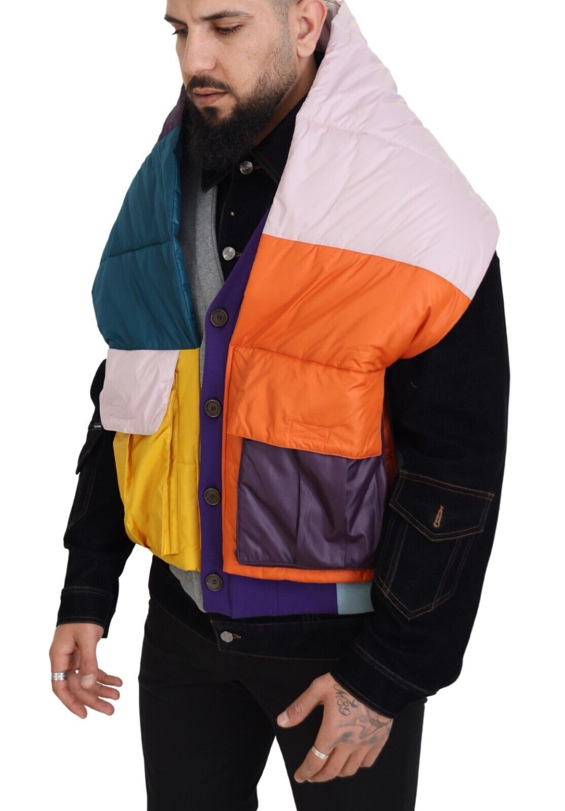 Multicolor Patchwork Denim Button Down Jacket