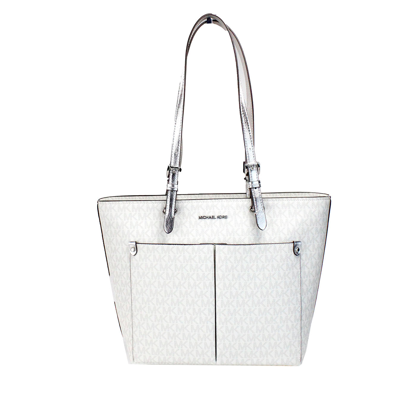 Michael Kors Jet Set Medium Optic White Signature PVC Double Pocket Tote Bag