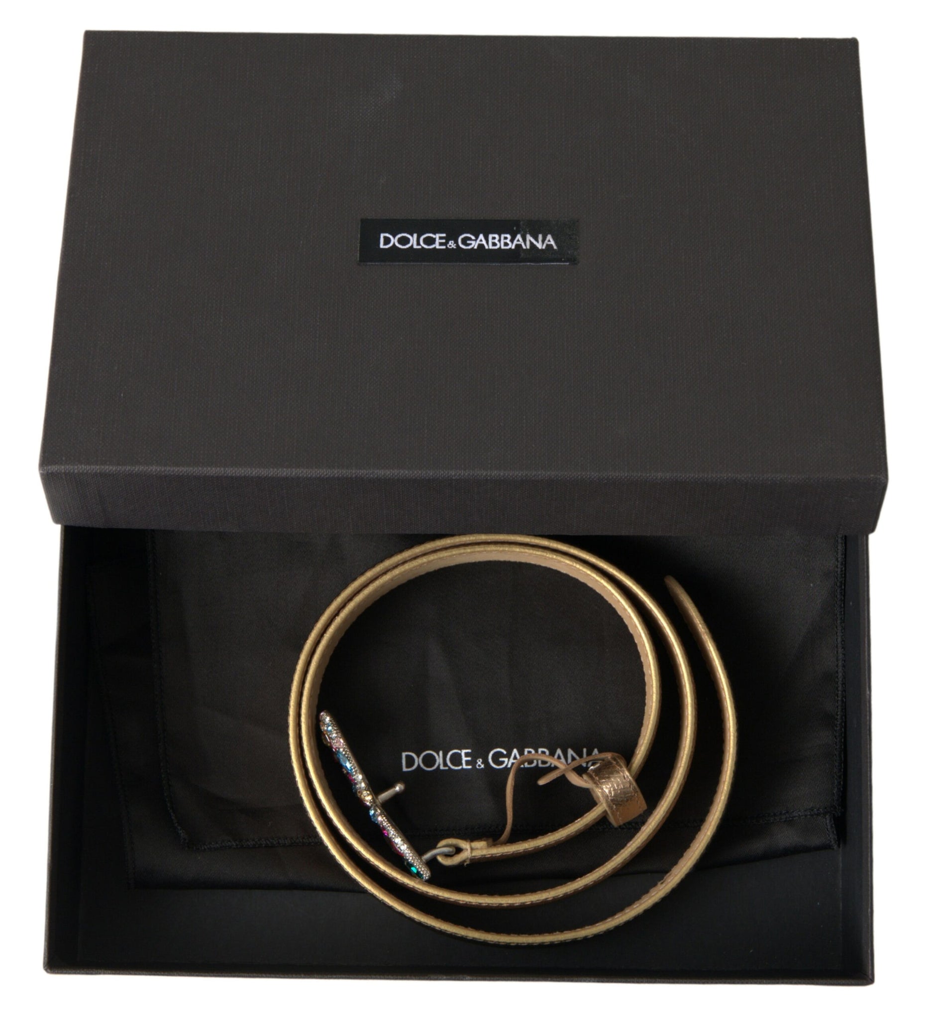 Dolce & Gabbana Gold Leather DG Crystal Buckle Cintura Belt