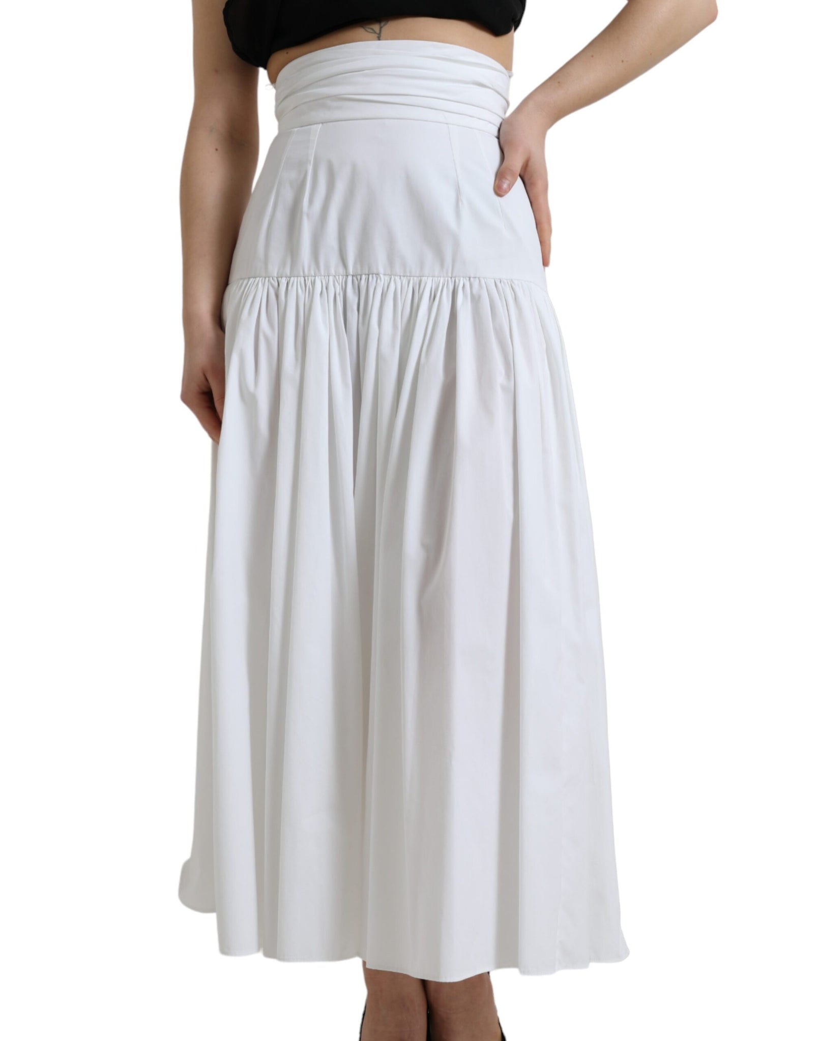 Dolce & Gabbana White Cotton Pleated A-line High Waist Skirt