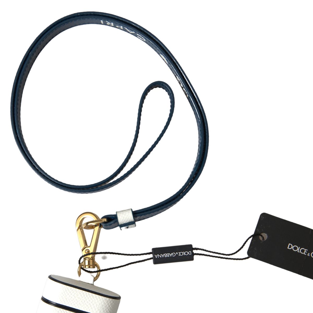 Dolce & Gabbana White Blue Calf Leather Logo Print Strap Airpods Case
