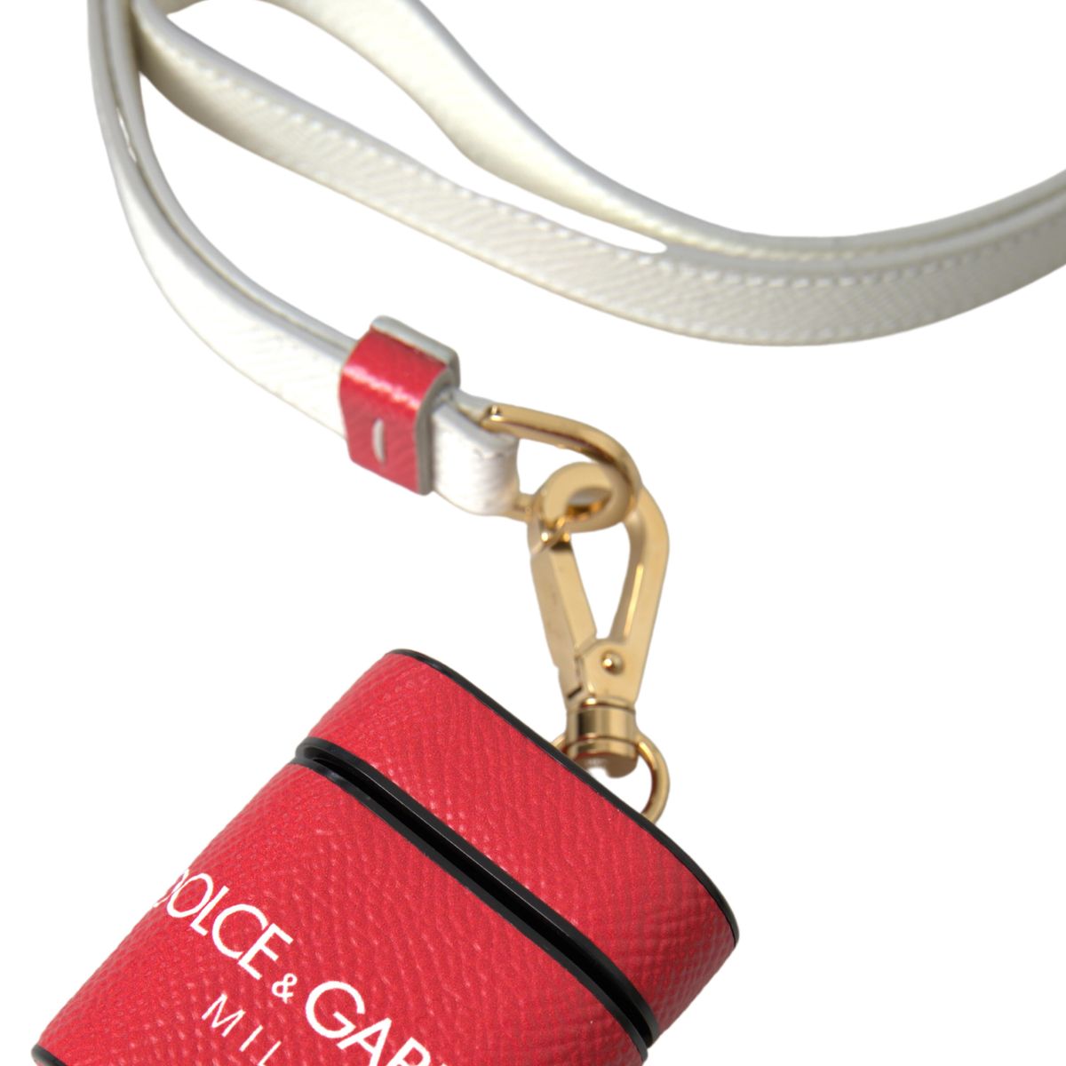 Dolce & Gabbana Red Leather Gold Tone Metal Logo Print Strap Airpods Case