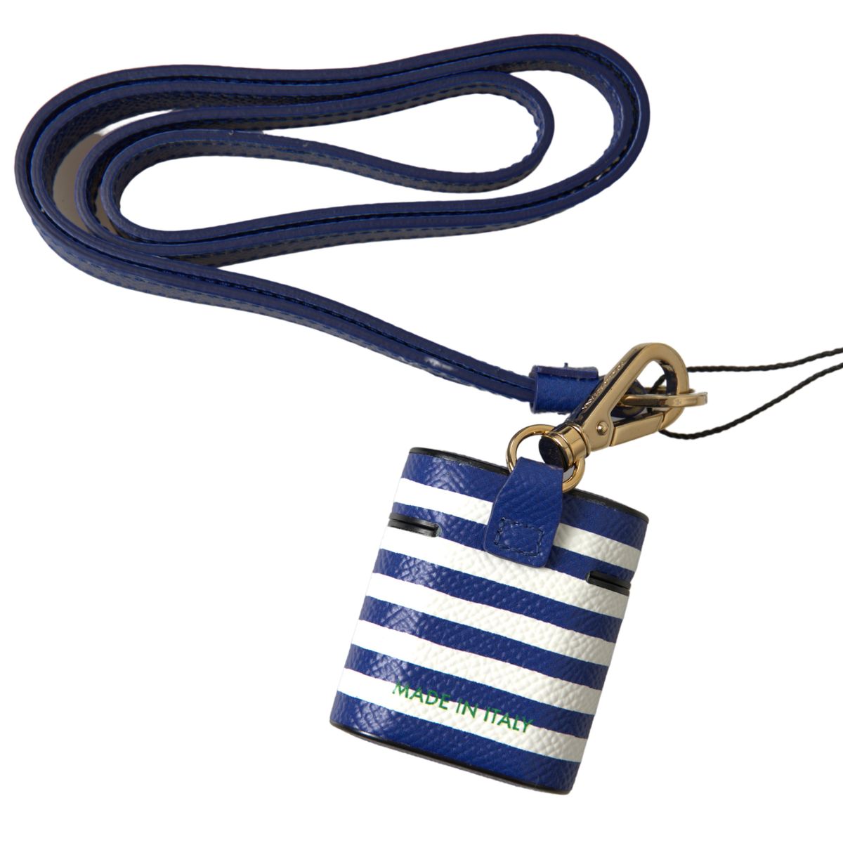 Dolce & Gabbana Blue Stripe Dauphine Leather Logo Print Strap Airpod Case