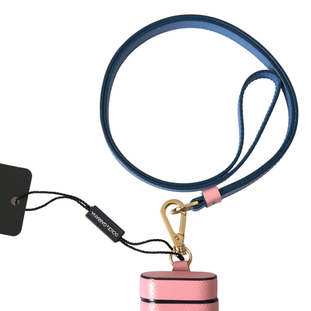 Dolce & Gabbana Pink Blue Calf Leather Logo Print Strap Airpods Case