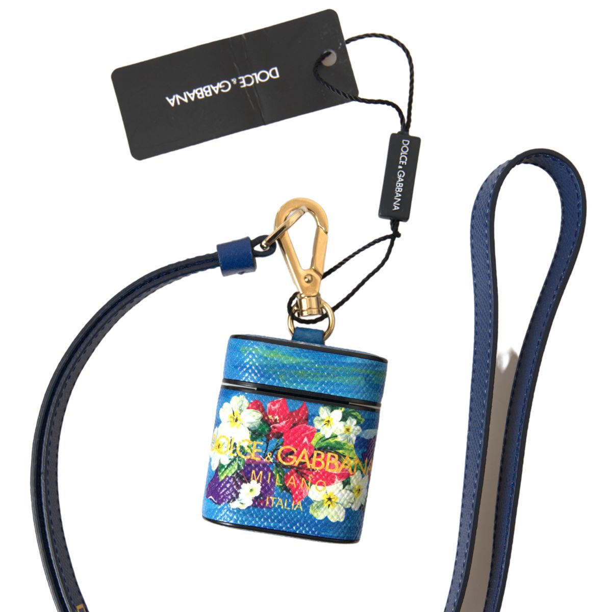 Dolce & Gabbana Blue Floral Dauphine Leather Logo Printed Airpods Case