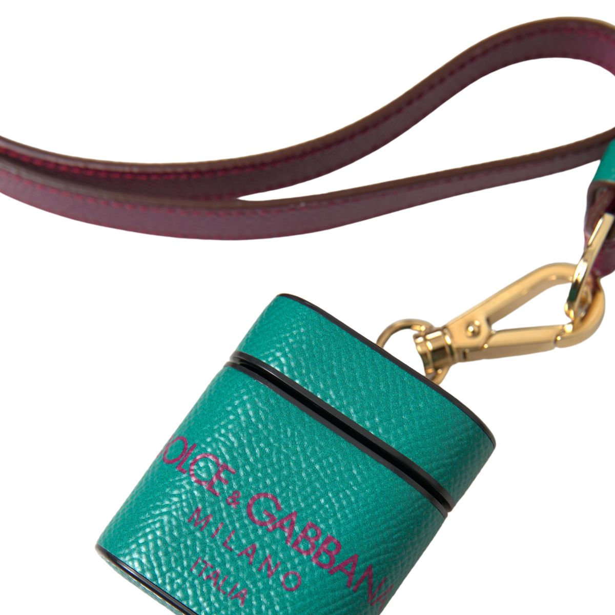 Dolce & Gabbana Green Maroon Calf Leather Logo Print Strap Airpods Case