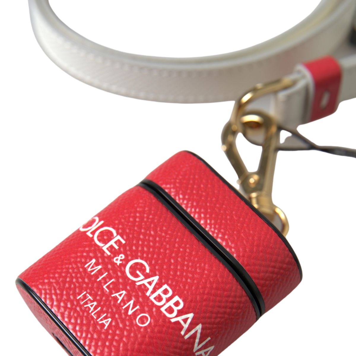 Dolce & Gabbana Red Leather Gold Tone Metal Logo Print Airpods Case