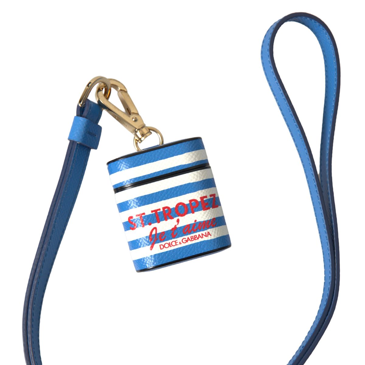 Dolce & Gabbana Blue Stripe Dauphine Leather Logo Print Airpod Case