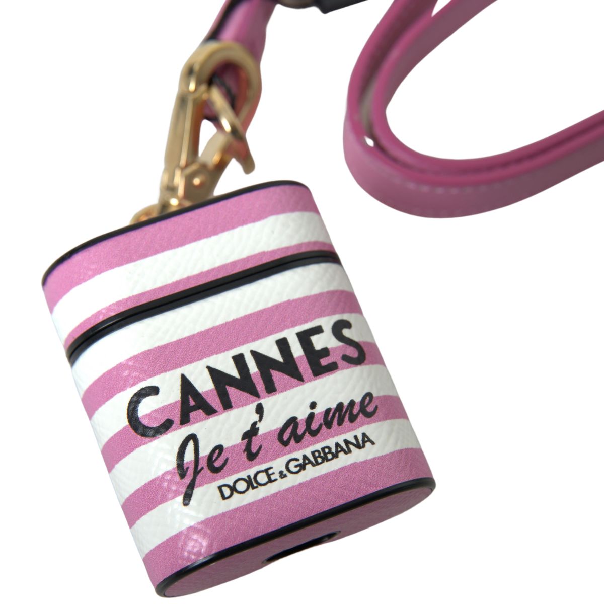 Dolce & Gabbana Pink Stripe Dauphine Leather Logo Print Strap Airpod Case