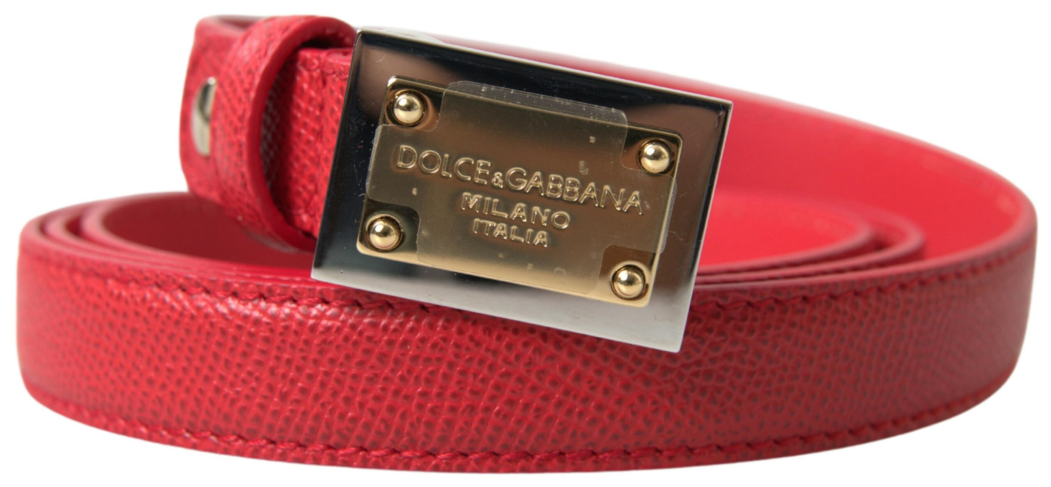 Dolce & Gabbana Red Leather Gold Engraved Metal Buckle Belt