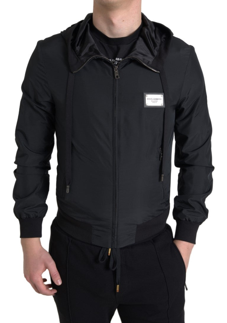 Dolce & Gabbana Black Hooded Nylon Bomber Full Zip Sweater
