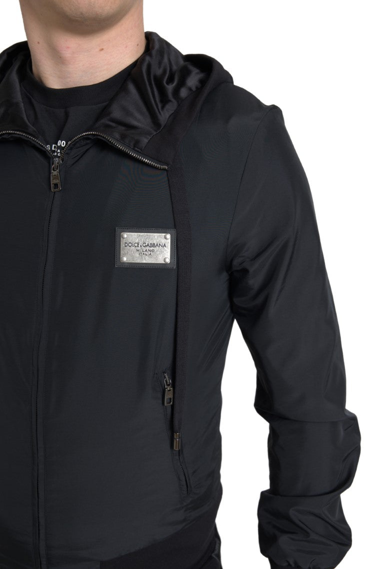 Dolce & Gabbana Black Hooded Nylon Bomber Full Zip Sweater