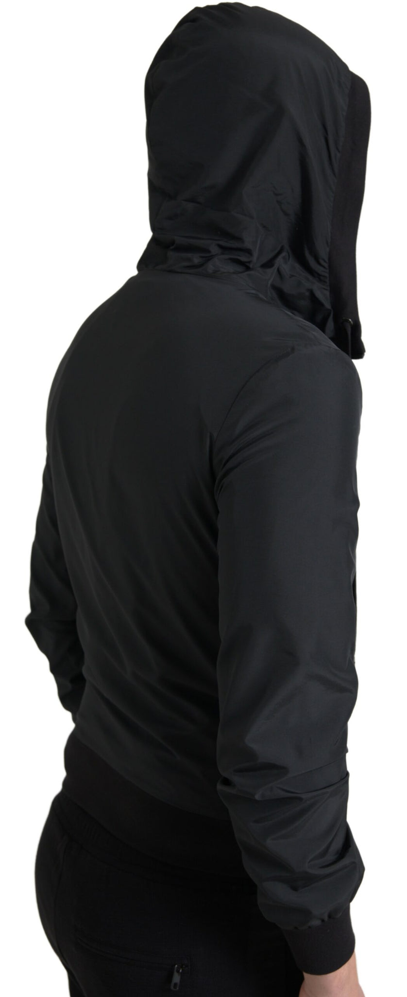 Dolce & Gabbana Black Hooded Nylon Bomber Full Zip Sweater