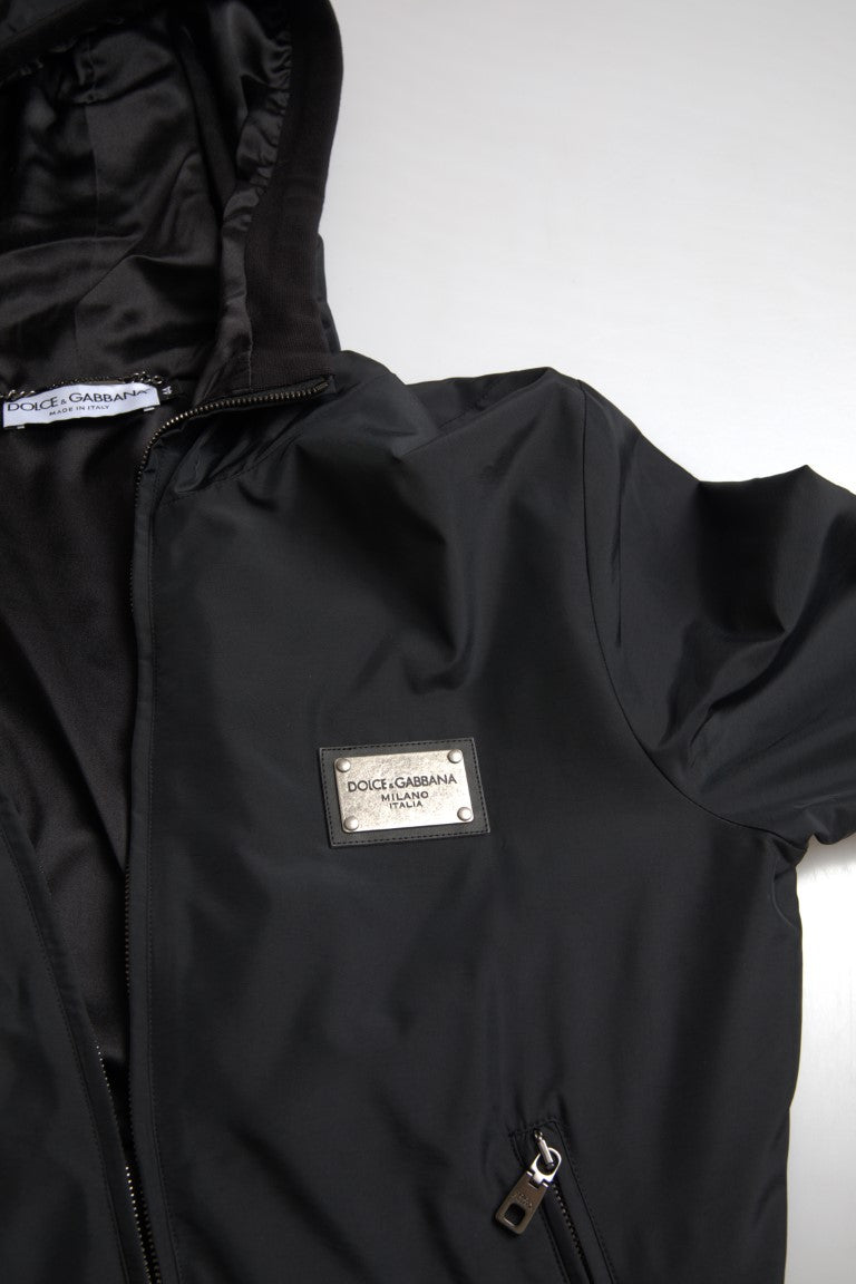 Dolce & Gabbana Black Hooded Nylon Bomber Full Zip Sweater