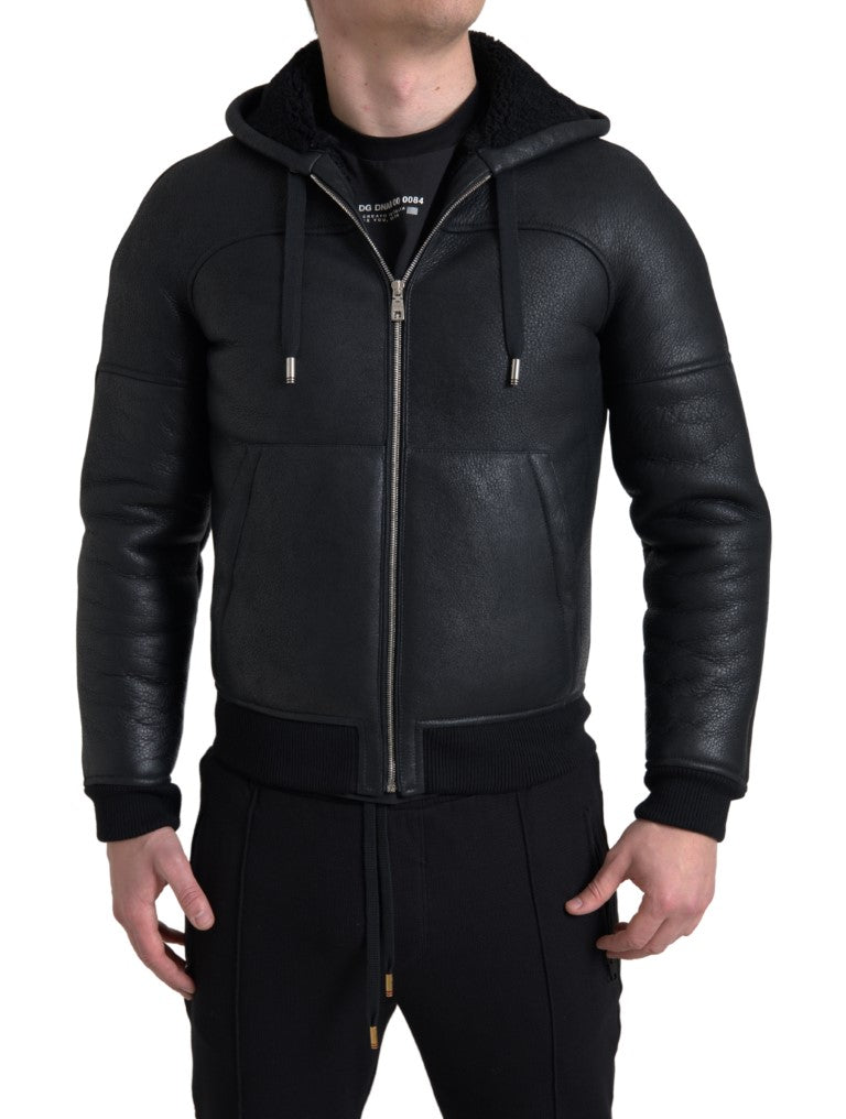 Dolce & Gabbana Black Leather Full Zip Hooded Men Jacket