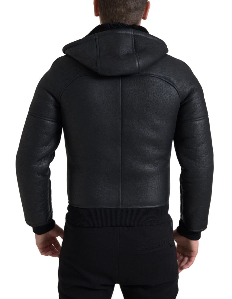 Dolce & Gabbana Black Leather Full Zip Hooded Men Jacket