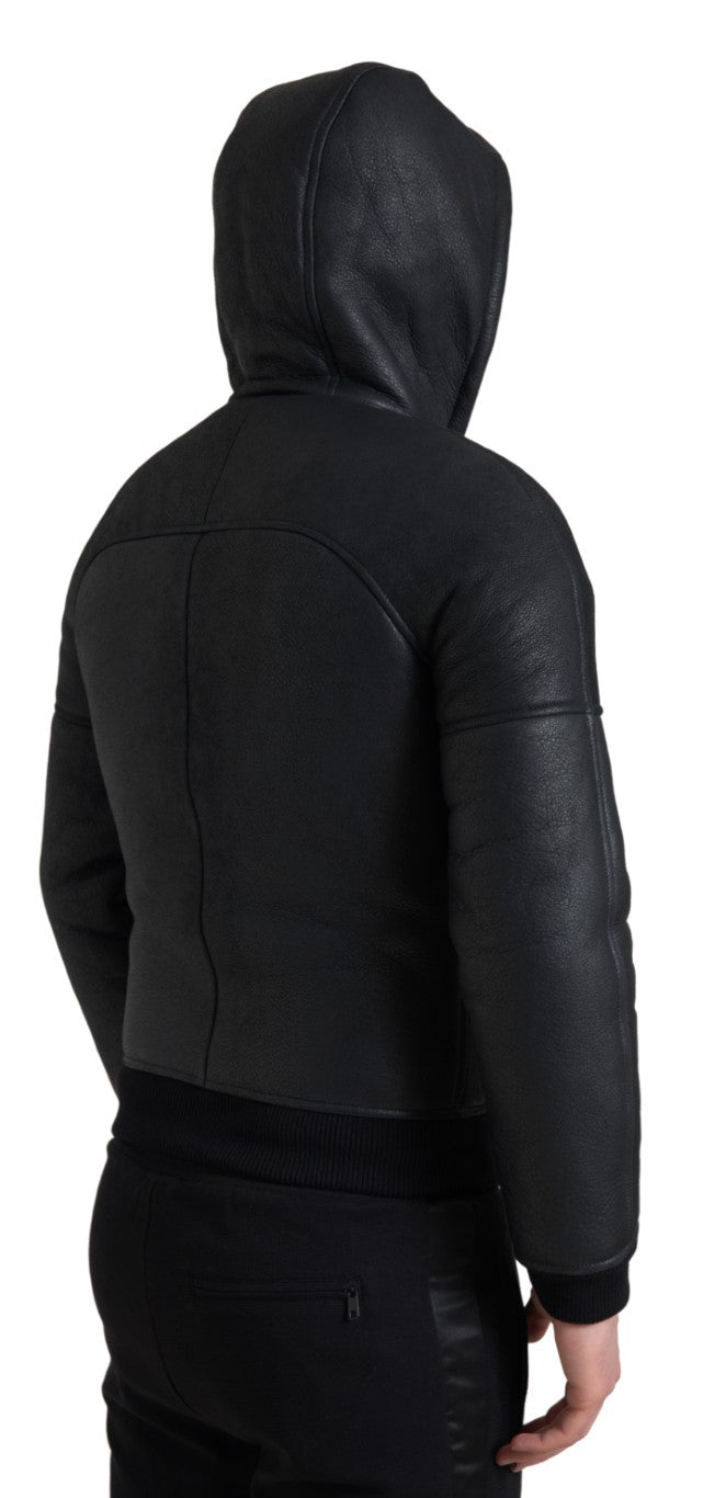 Dolce & Gabbana Black Leather Full Zip Hooded Men Jacket
