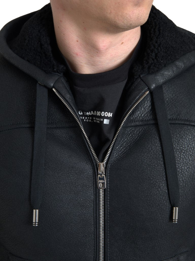 Dolce & Gabbana Black Leather Full Zip Hooded Men Jacket