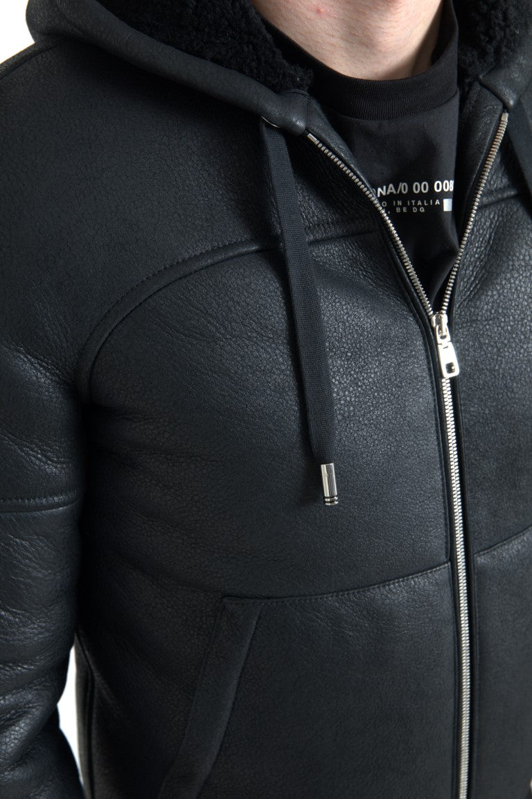 Dolce & Gabbana Black Leather Full Zip Hooded Men Jacket