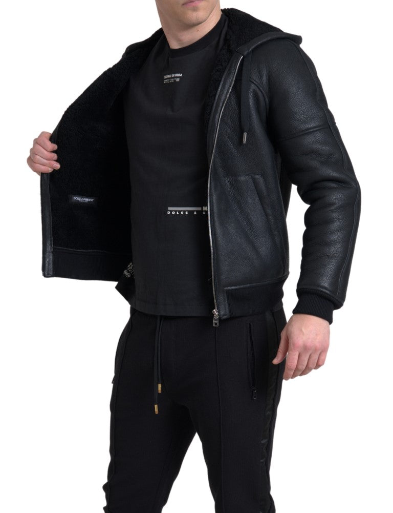 Dolce & Gabbana Black Leather Full Zip Hooded Men Jacket