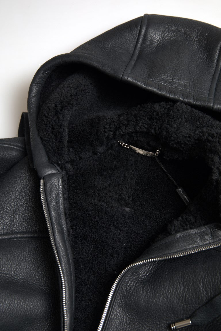 Dolce & Gabbana Black Leather Full Zip Hooded Men Jacket