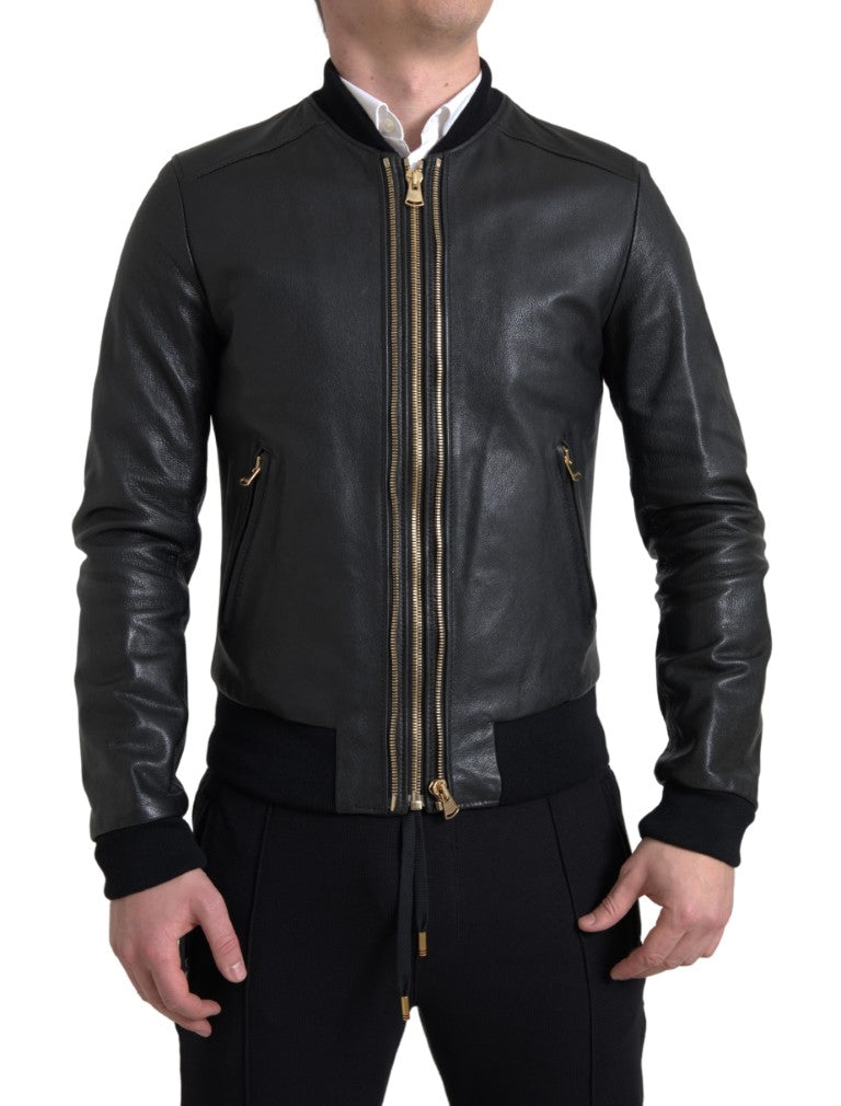 Dolce & Gabbana Black Leather Blouson Full Zip Bomber Jacket