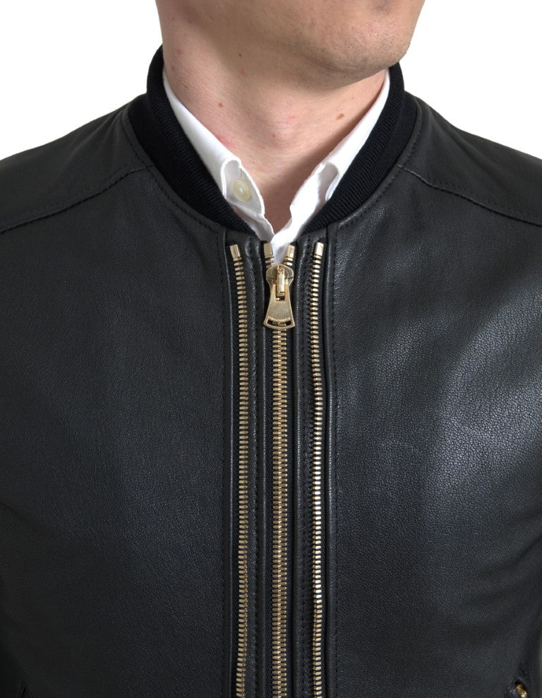 Dolce & Gabbana Black Leather Blouson Full Zip Bomber Jacket