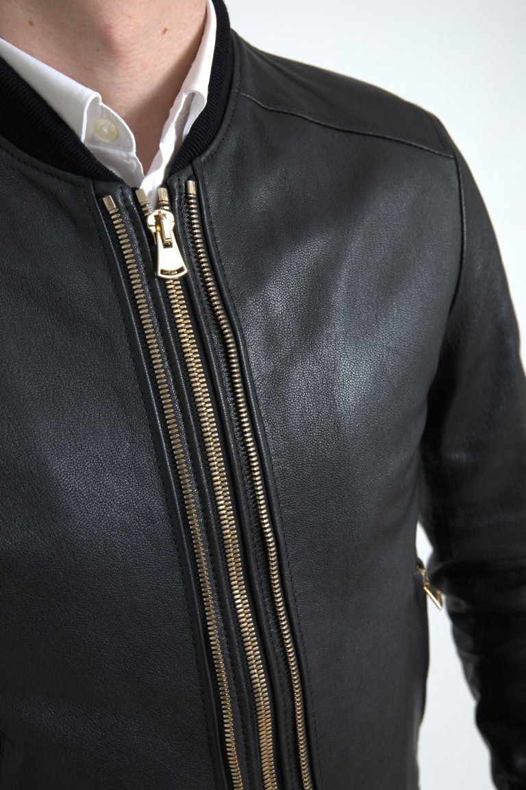 Dolce & Gabbana Black Leather Blouson Full Zip Bomber Jacket