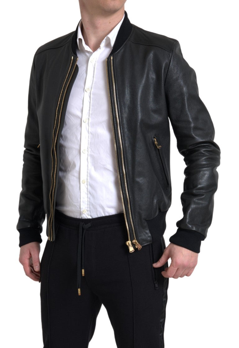 Dolce & Gabbana Black Leather Blouson Full Zip Bomber Jacket