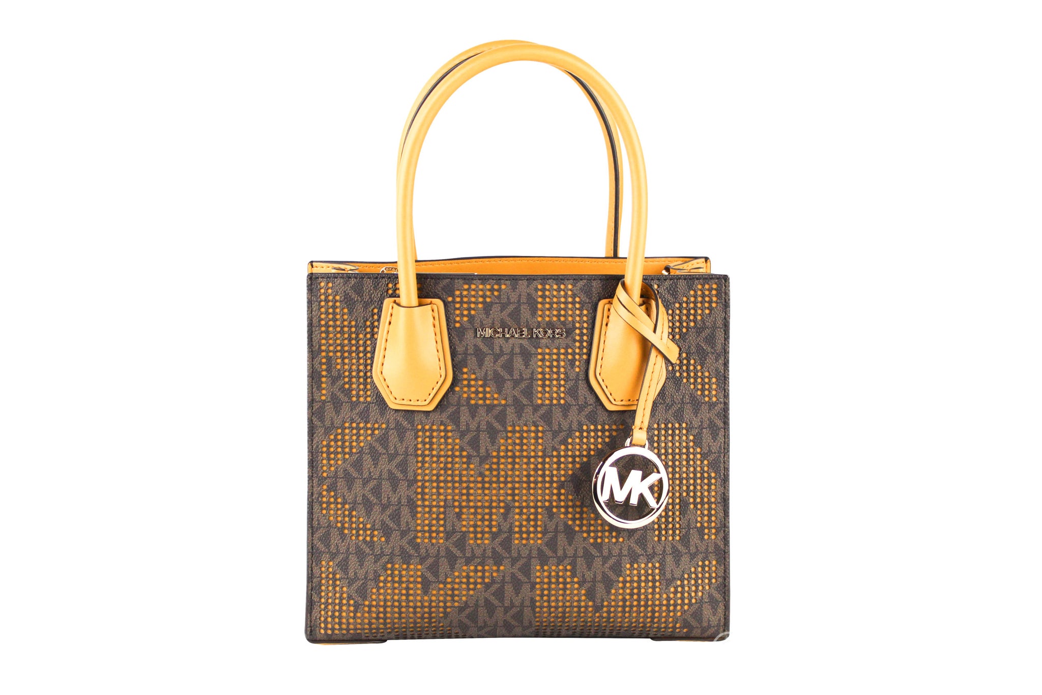 Mercer Medium Perforated Signature Leather Messenger Crossbody Handbag (Marigold/Brown)