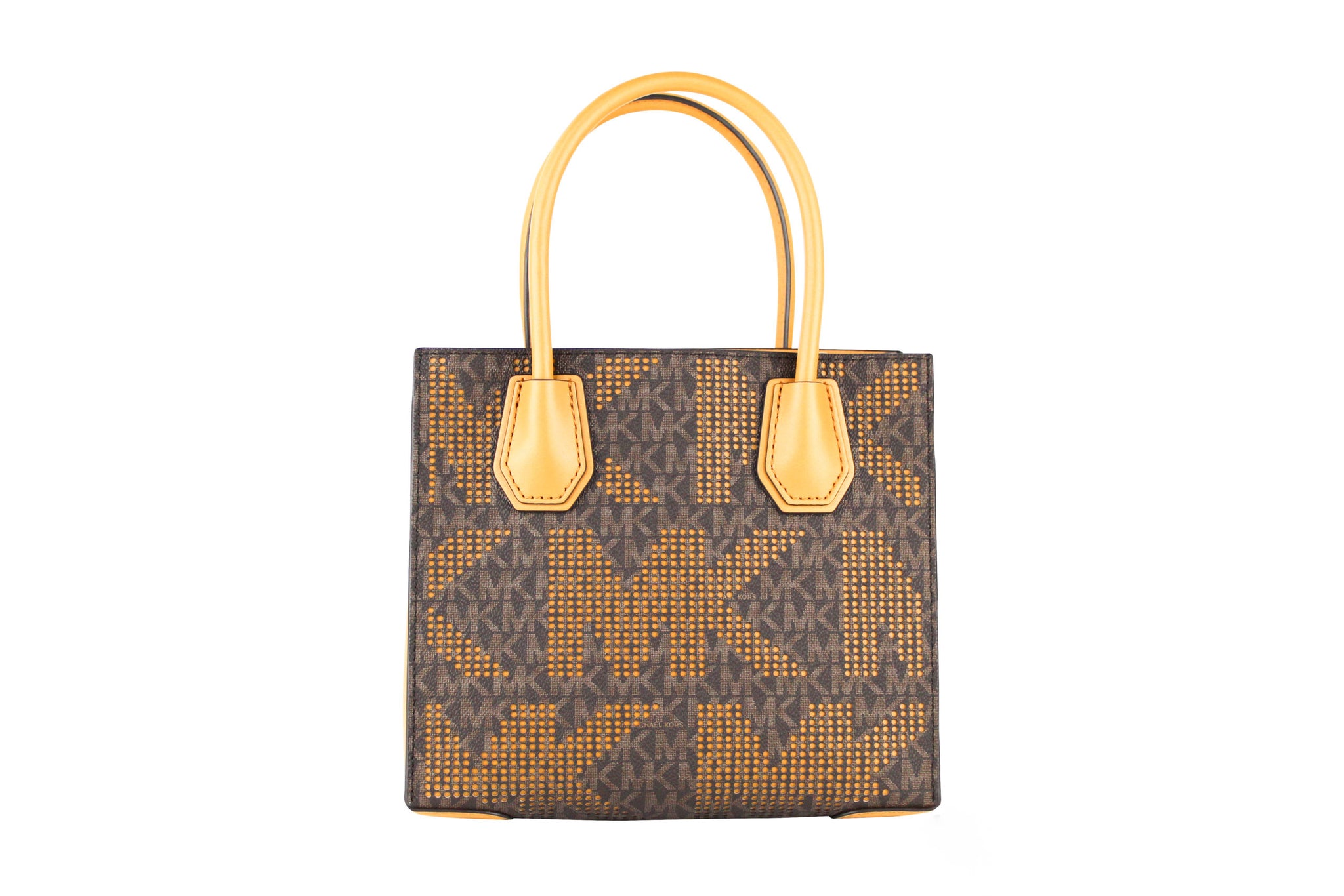 Mercer Medium Perforated Signature Leather Messenger Crossbody Handbag (Marigold/Brown)