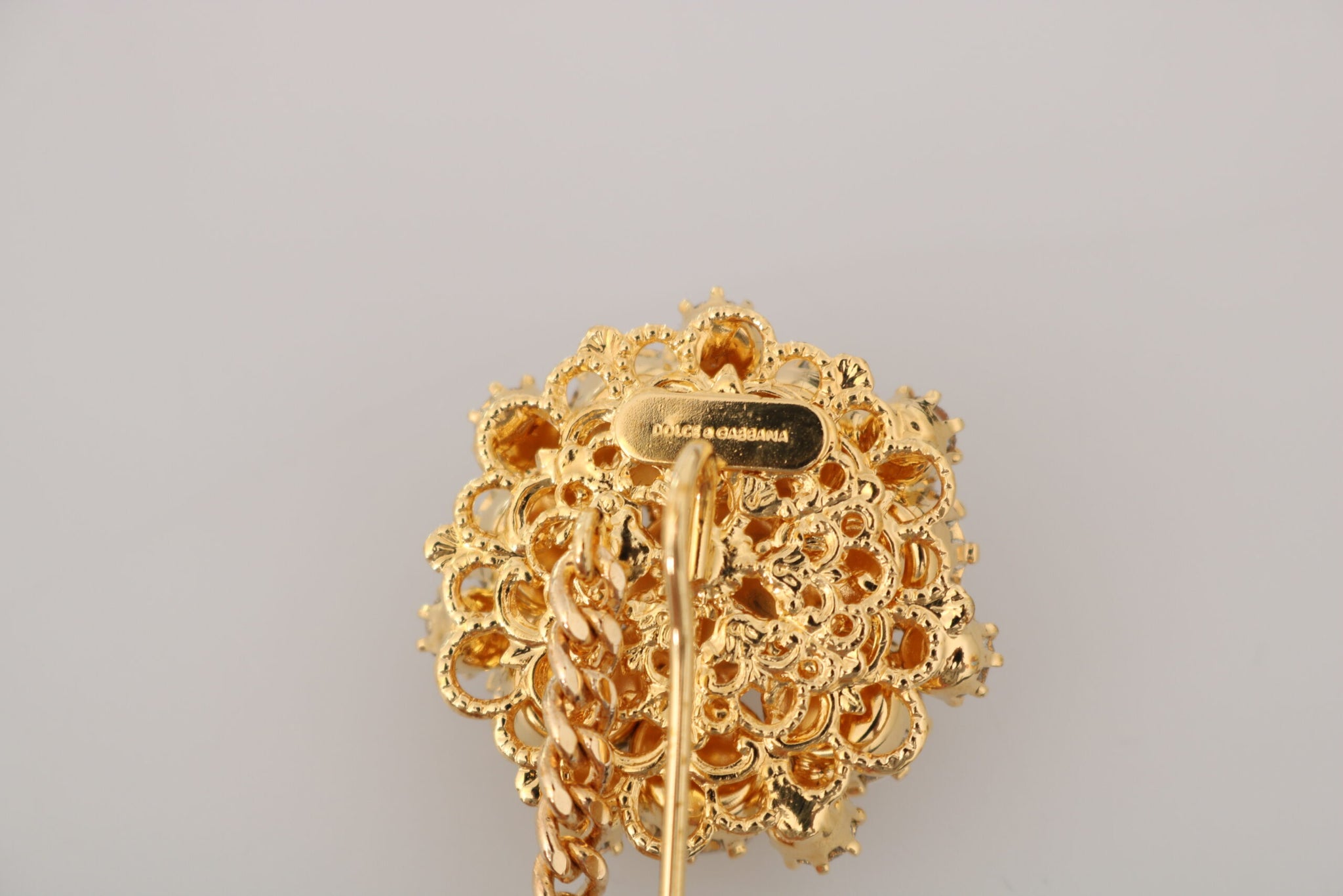 Dolce & Gabbana Gold Brass Clear Crystal Chain Pin Women Brooch