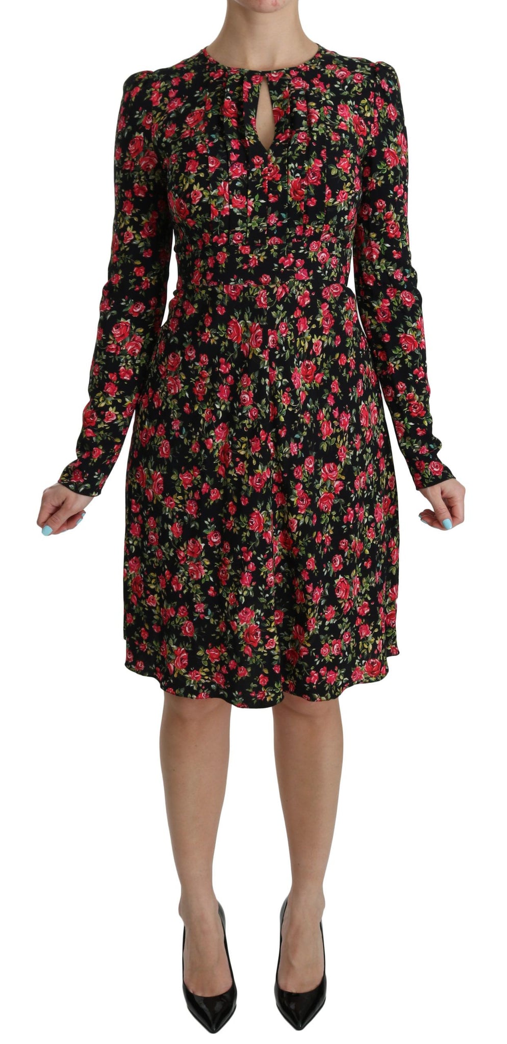Black Floral Longsleeve Knee Length Dress