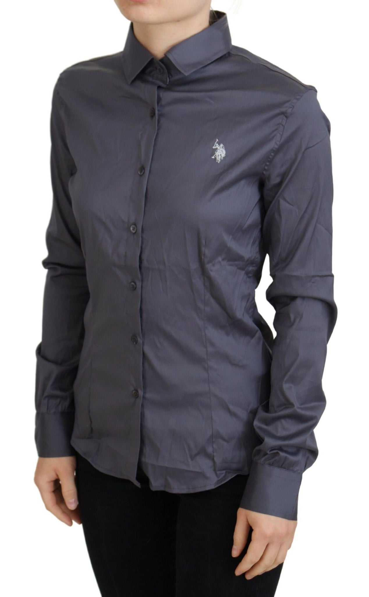 Ralph Lauren Gray Printed Long Sleeves Collared Top