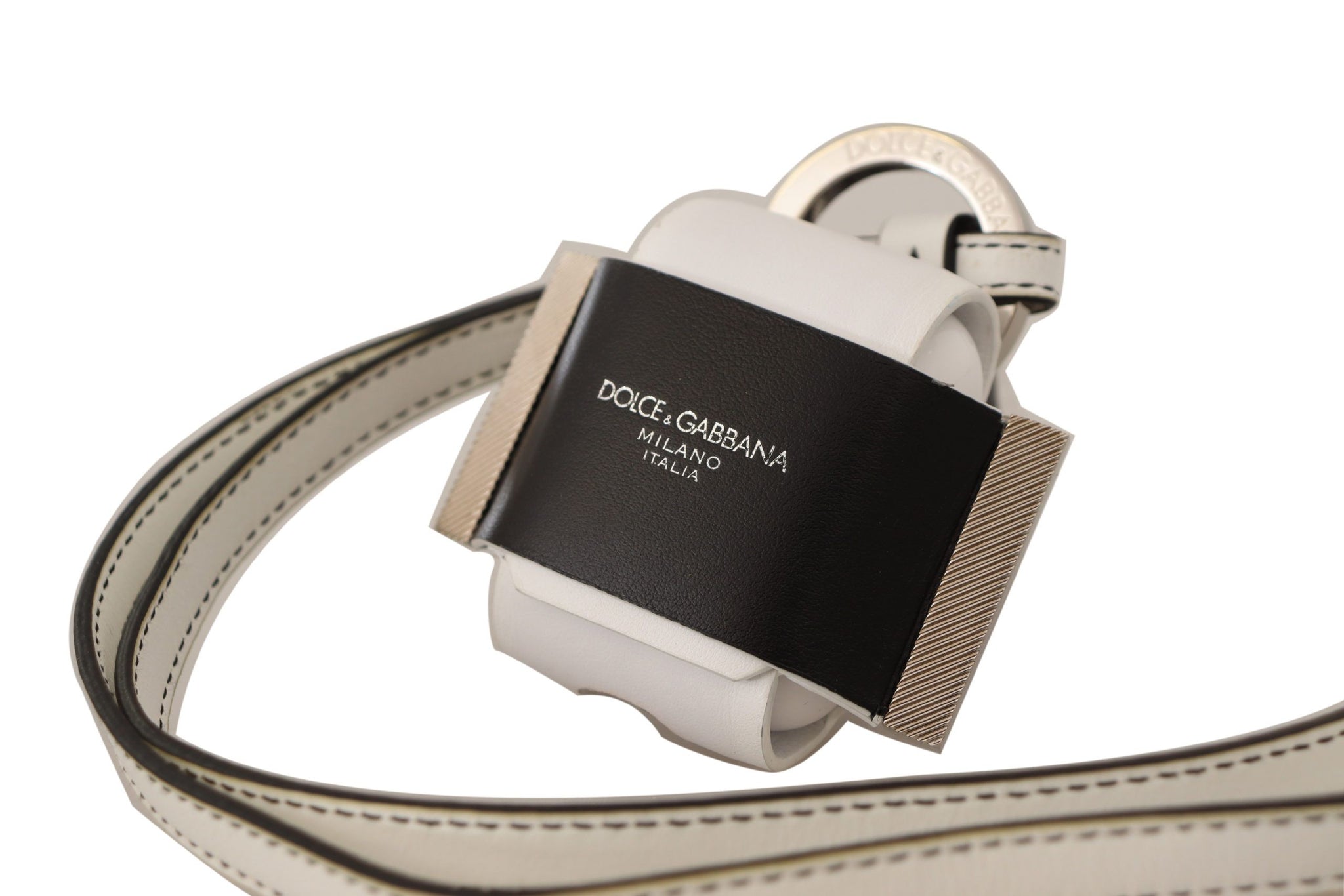 White Black Leather Strap Silver Metal Logo Airpods Case