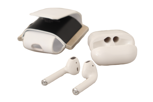 White Black Leather Strap Silver Metal Logo Airpods Case