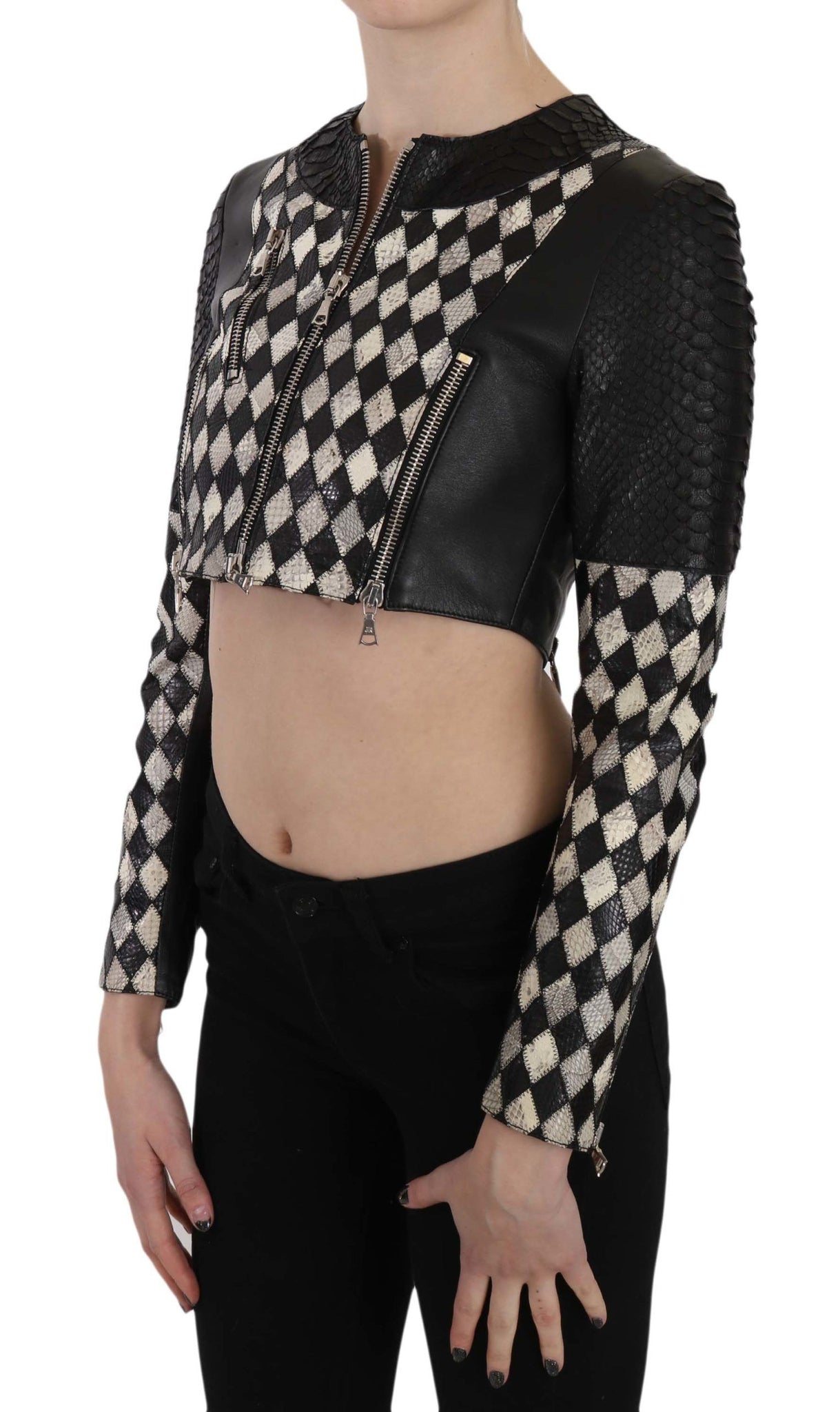 Black White Leather Short Cropped Biker Jacket Coat