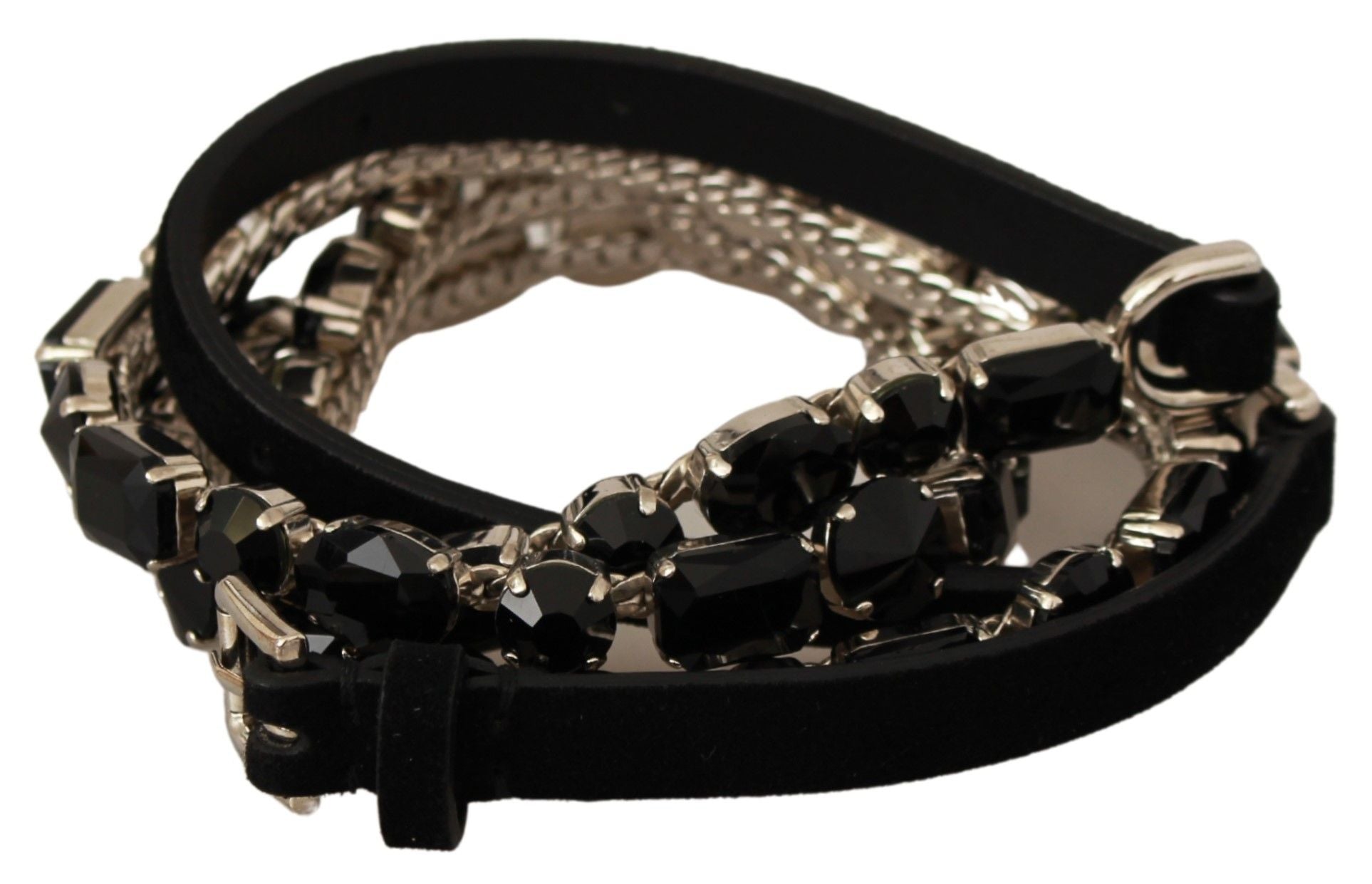 Dolce & Gabbana Black Leather Crystals Waist Belt