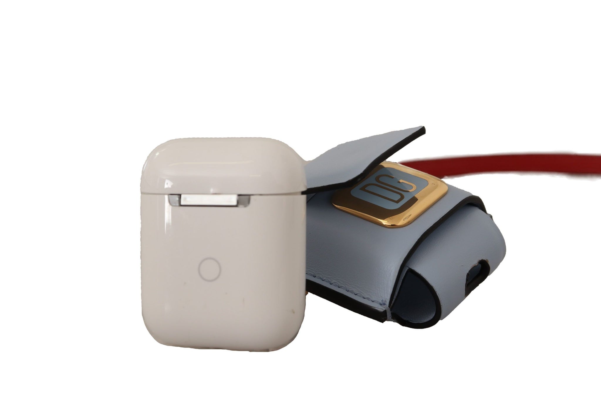 Light Blue Red Leather Strap Gold Metal Airpods Case