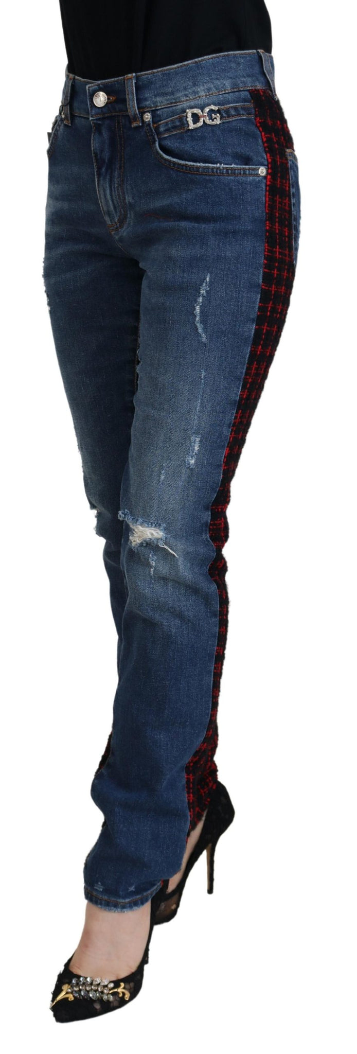 Blue Checkered Back Skinny Denim Jeans