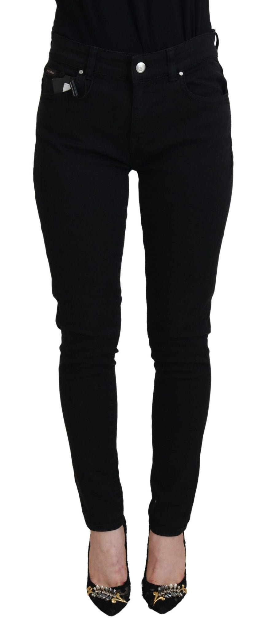 Black Cotton Skinny Mid Waist Denim Jeans