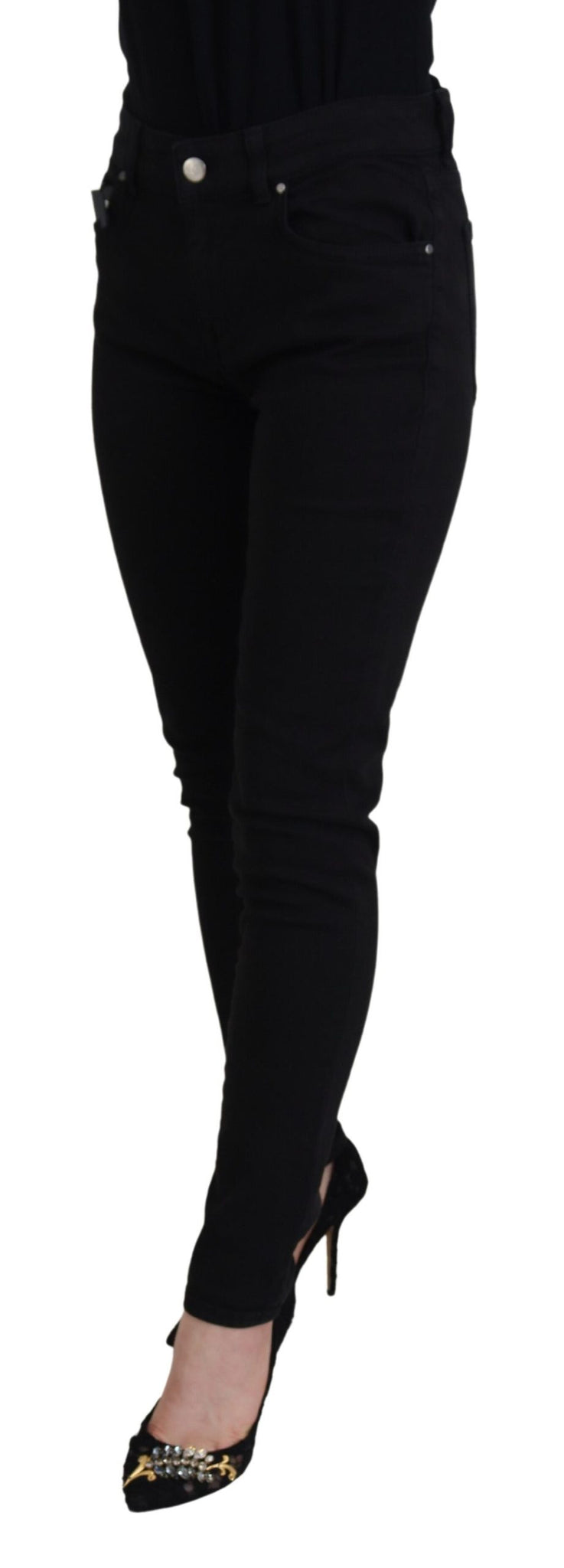 Black Cotton Skinny Mid Waist Denim Jeans