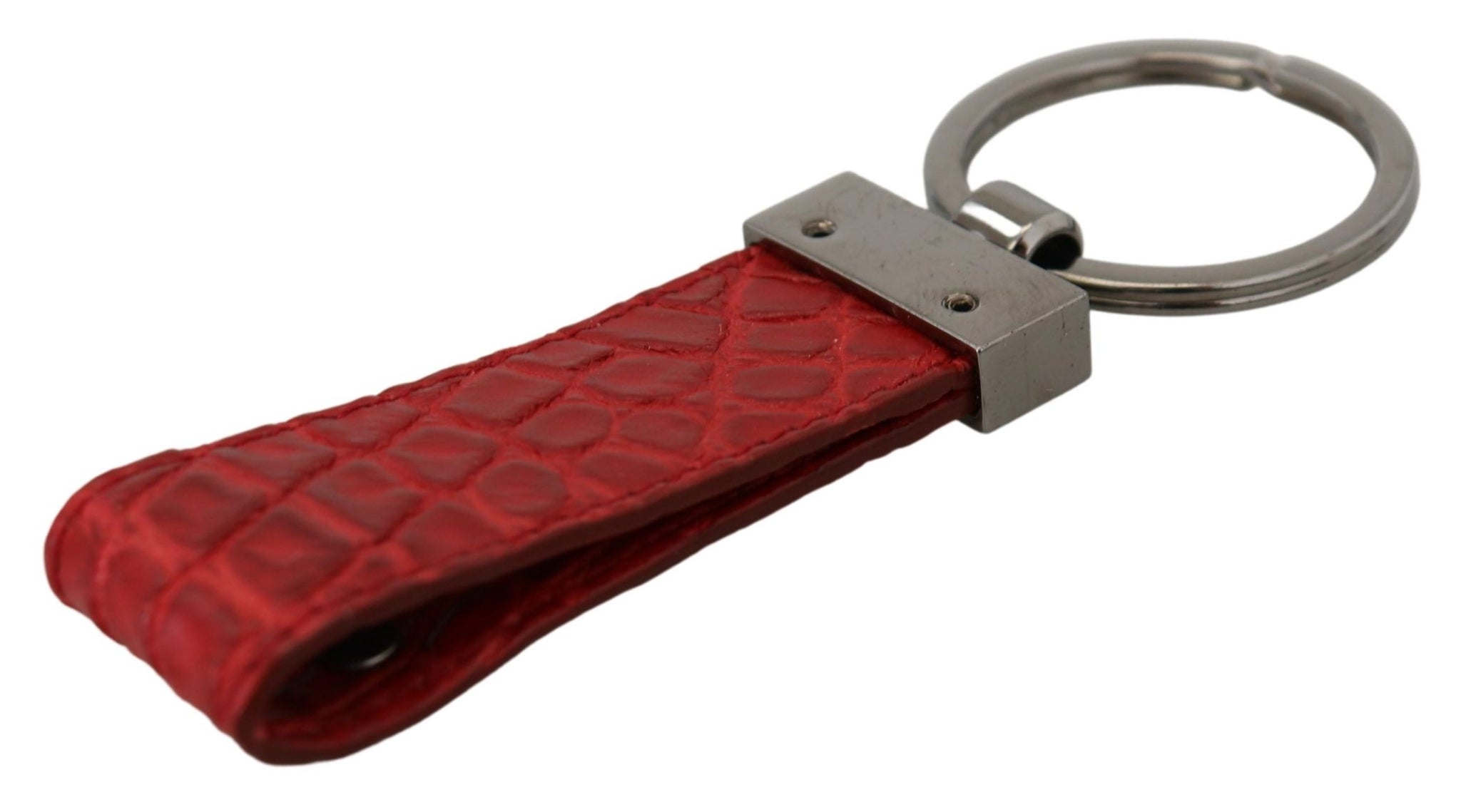 Red Leather Logo Plaque Silver Brass Keychain